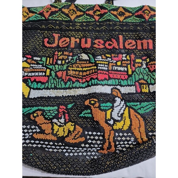 Vintage JERUSALEM Beaded Ornate Drawstring Purse Tote Bag Holy Land Mosque Camel - Picture 3 of 7
